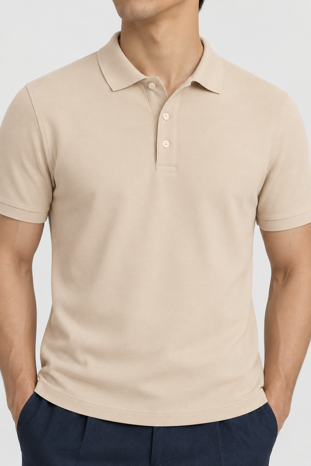 The Essential Polo — Sand, studio fabric and collar detail