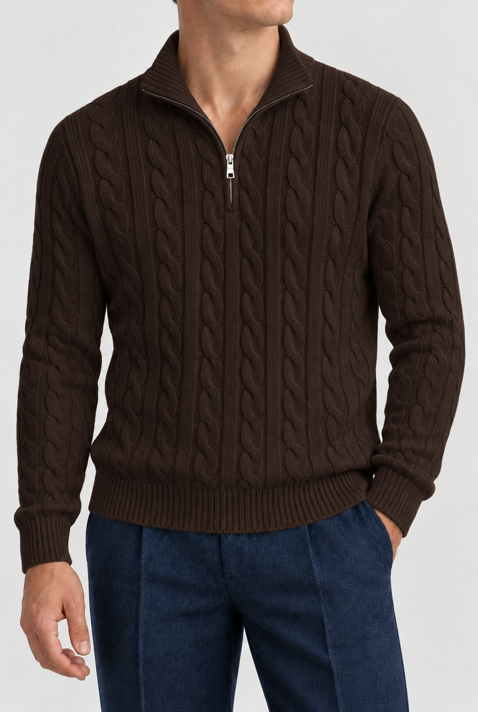 The Cable Quarter-Zip — Chocolate Brown, studio knit and collar detail