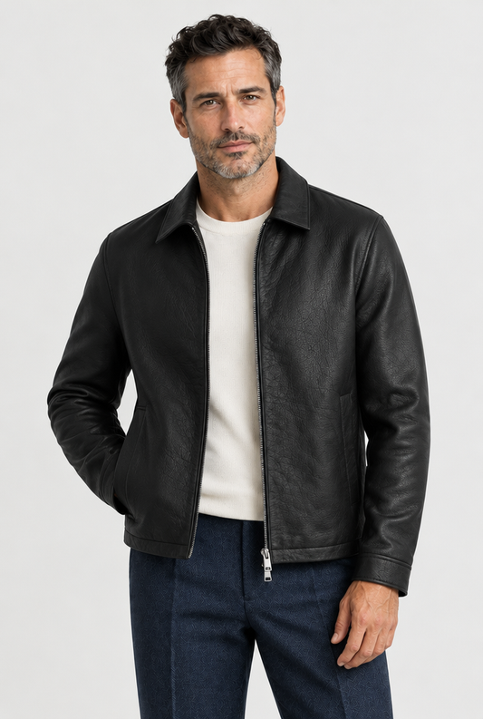 The Collared Leather Jacket — Black — product close-up