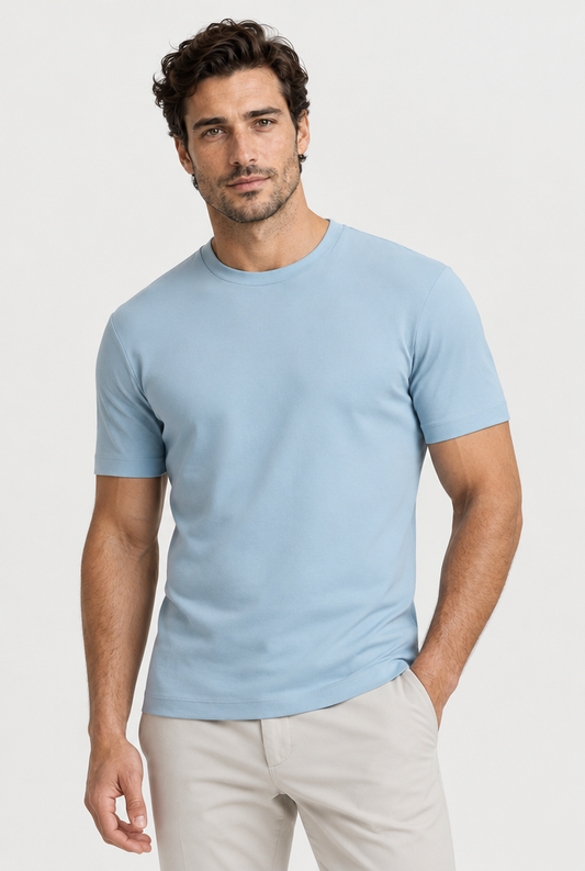 The Slim Tee in Mild Blue, front view