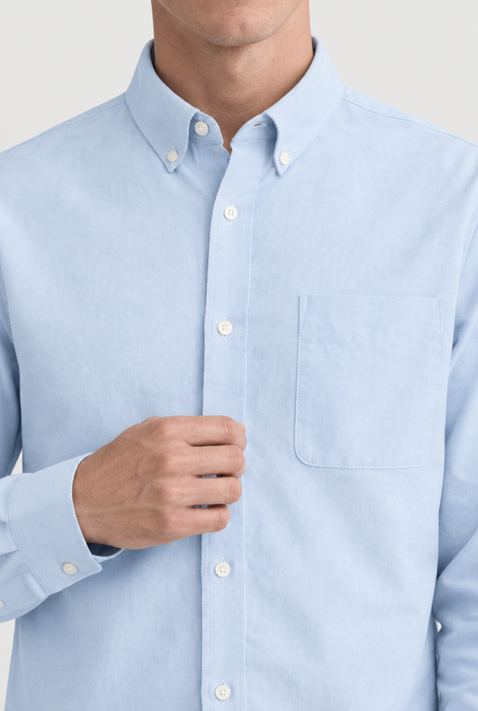 HEIRVALE The Long-Sleeve Shirt — Light Blue — shirt detail