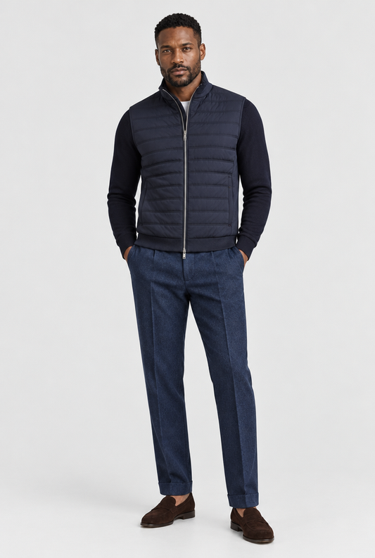 The Quilted Gilet — Navy — full look