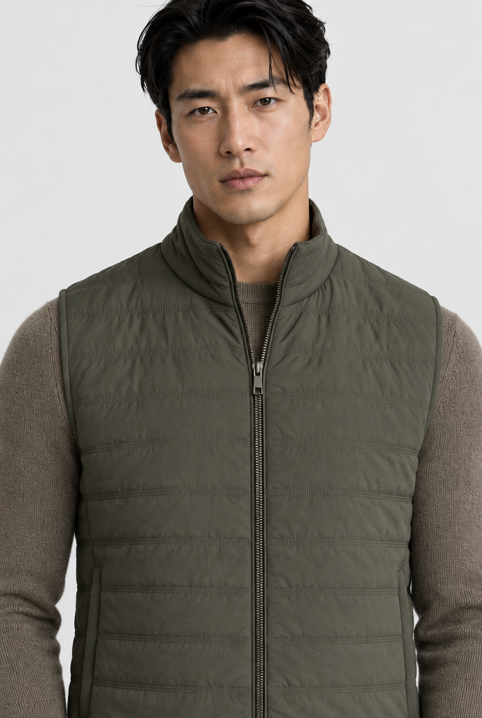 The Quilted Gilet — Olive Green — detail