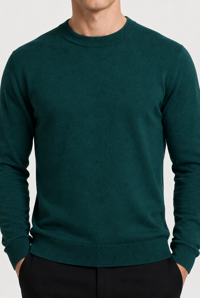 HEIRVALE The Rib-Trim Crewneck — Dark Teal — detail