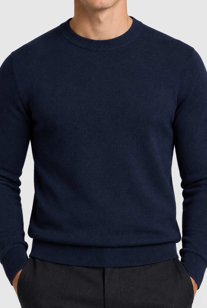 HEIRVALE The Rib-Trim Crewneck — Navy Blue — detail