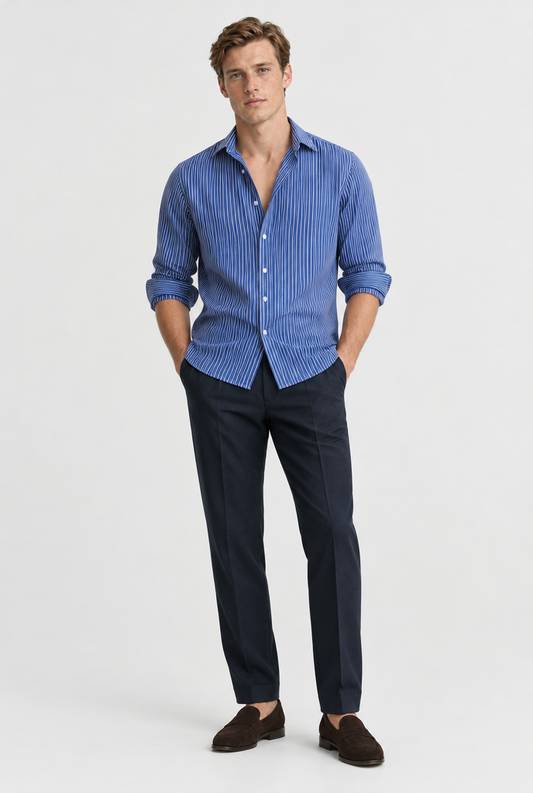 The Pinstripe Shirt — Blue & White — styled look with Theo
