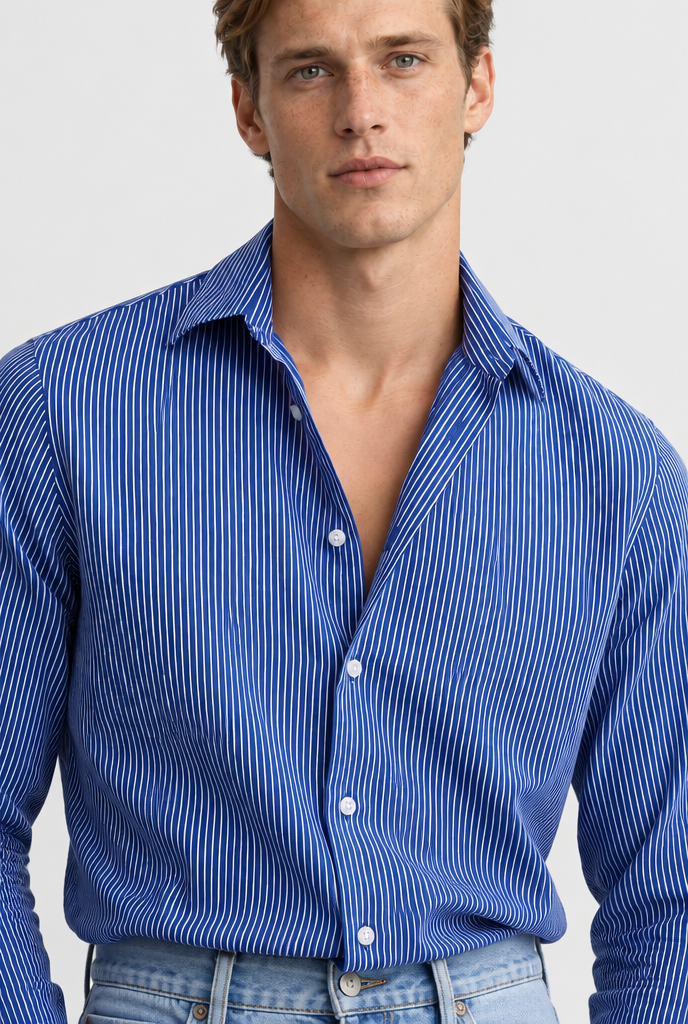 The Pinstripe Shirt — Blue & White — detail with Theo