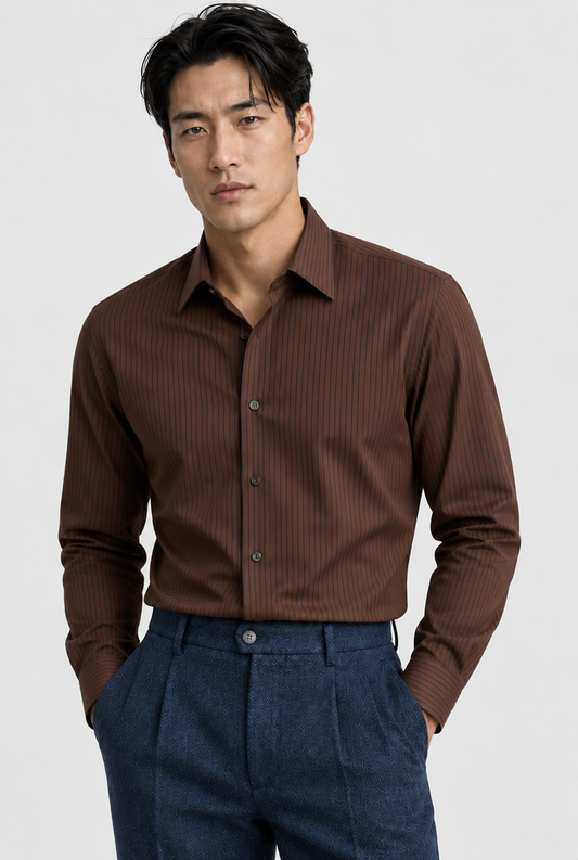 The Pinstripe Shirt — Chocolate — product close-up with Ren