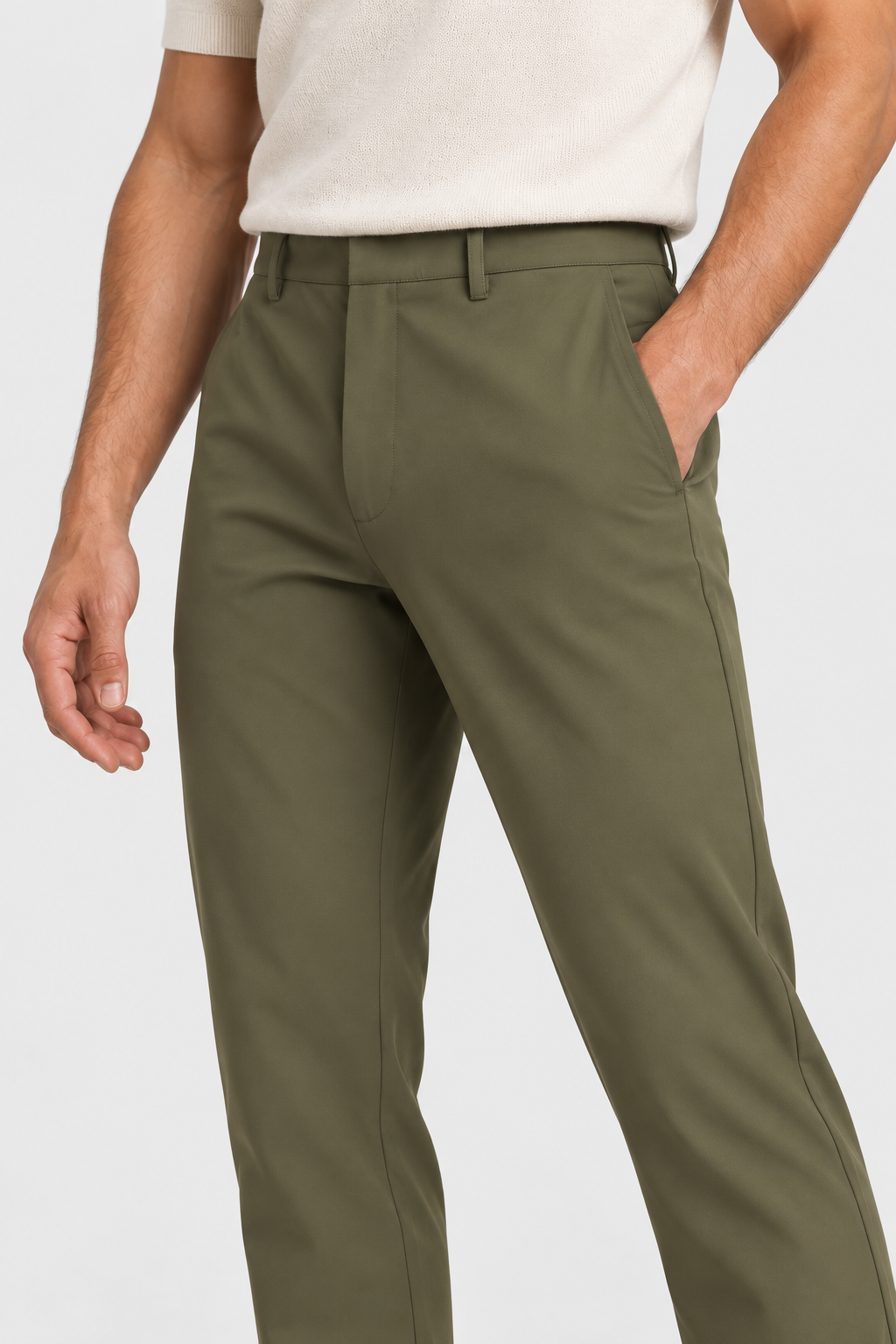 Heirvale Tech Trouser in Army Green, close-up of front and pocket