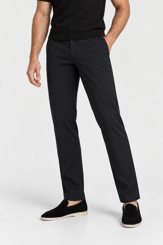 Heirvale Tech Trouser in Black, front view on model