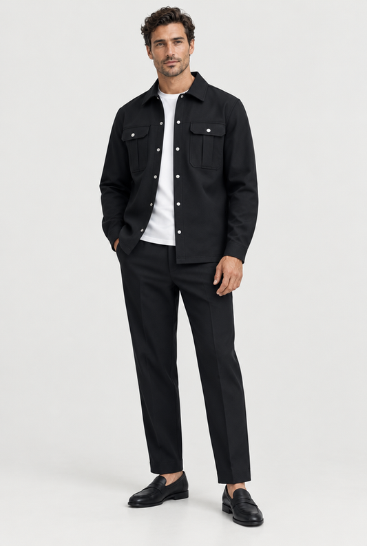 The Cargo Overshirt — Black — full-length studio look