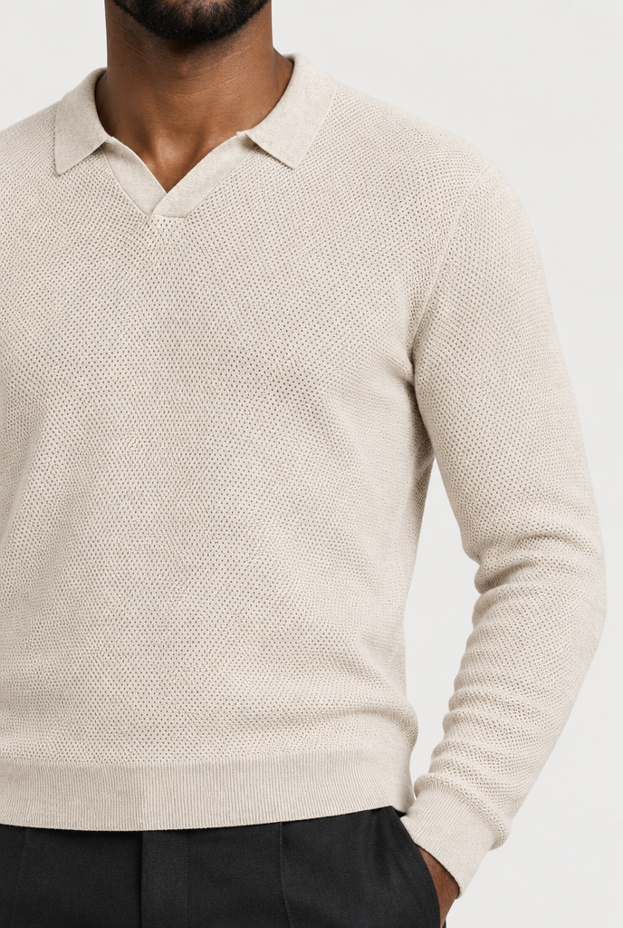 The Open-Knit Long-Sleeve Polo — Oat Milk — detail