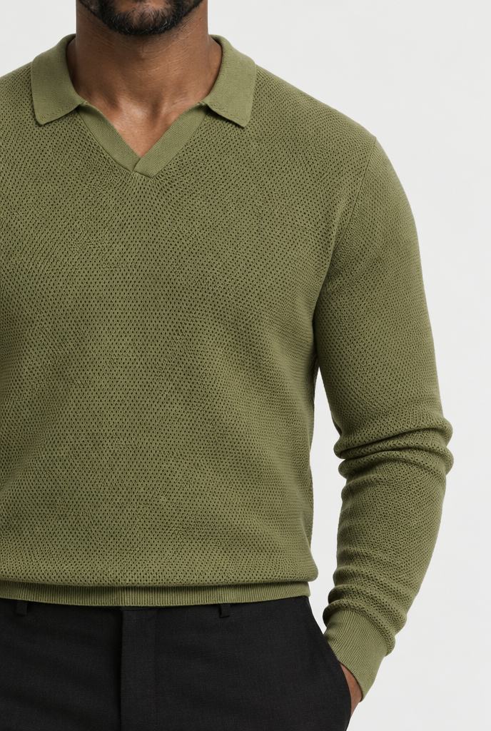 The Open-Knit Long-Sleeve Polo — Olive Green — detail