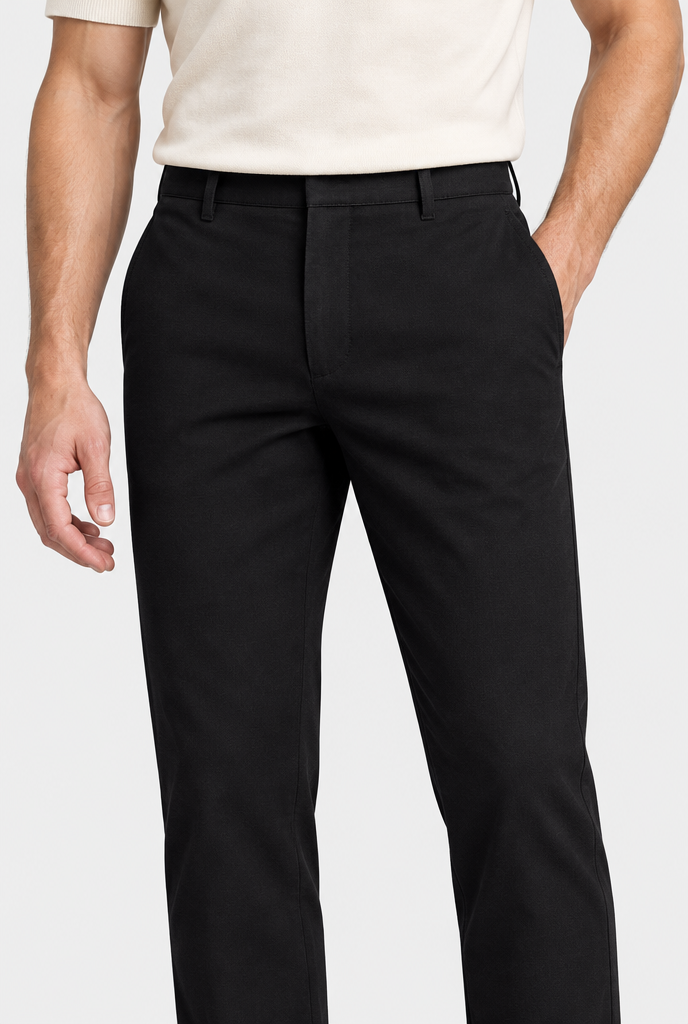The Slim Chino — Black — waist and pocket detail