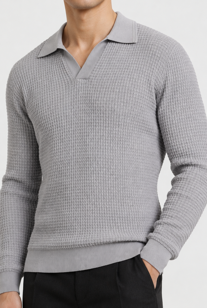 The Textured Long-Sleeve Polo — Grey — detail