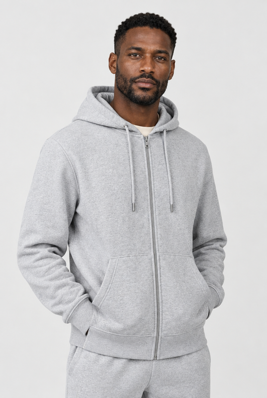 The Zip Hoodie — Grey Marl — product close-up