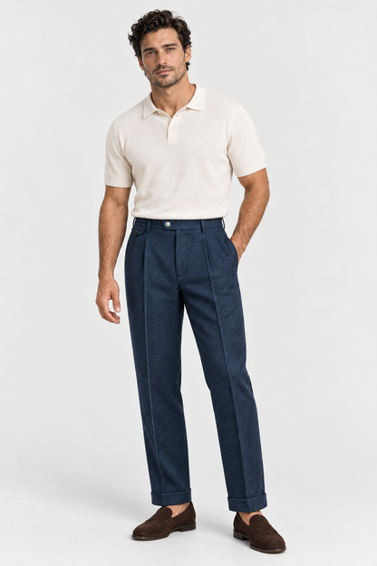 Navy pleated trousers, full outfit in studio