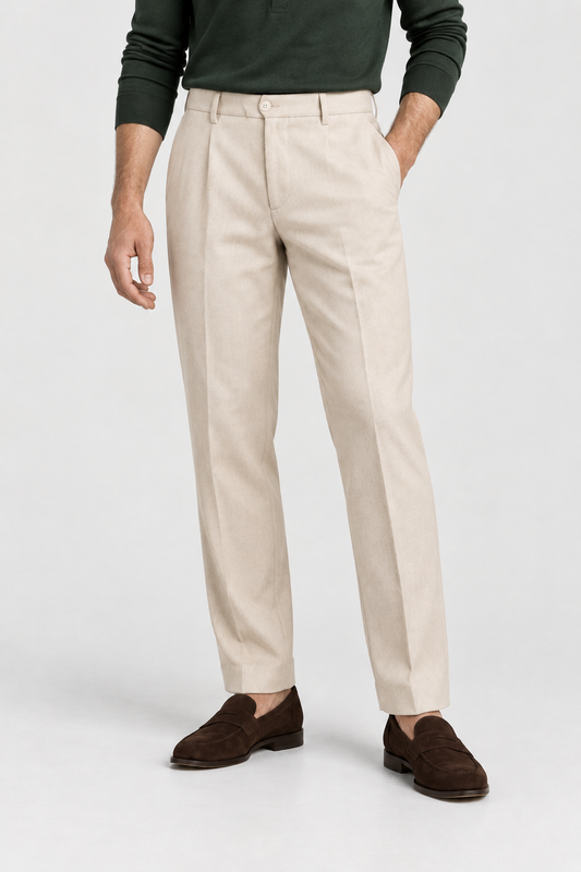 Sand tailored trousers, studio front view