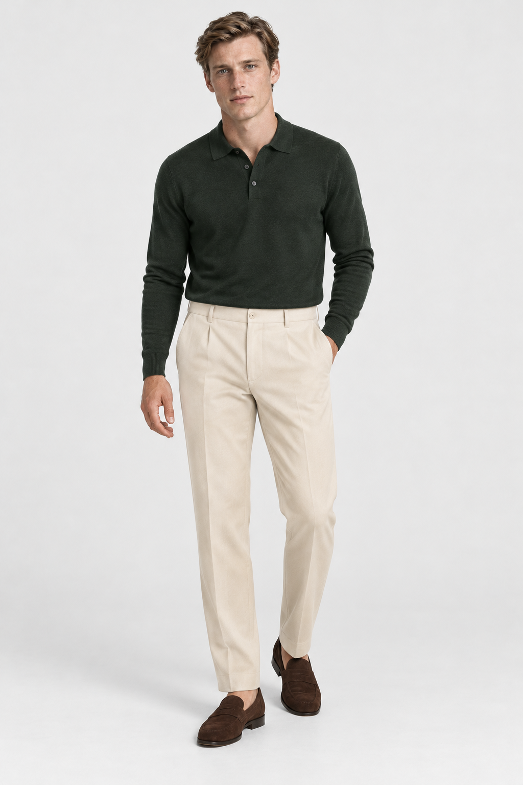 Sand tailored trousers, studio full outfit