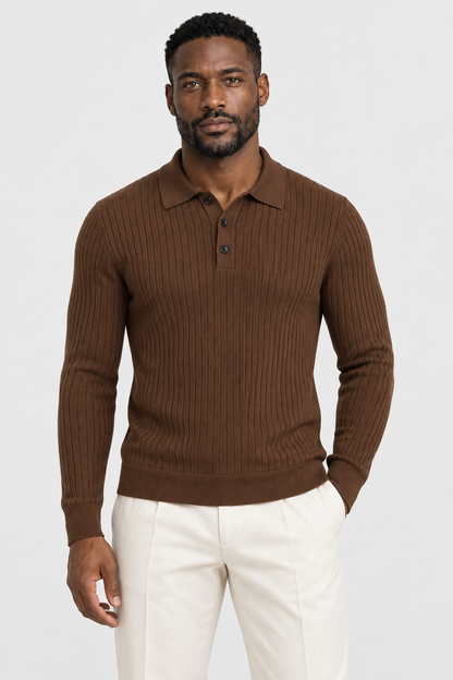 Chocolate ribbed polo on Malik, studio front view