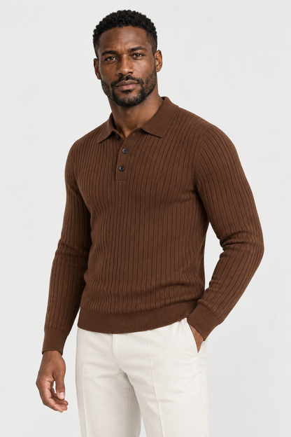 Chocolate ribbed polo on Malik, studio three-quarter view