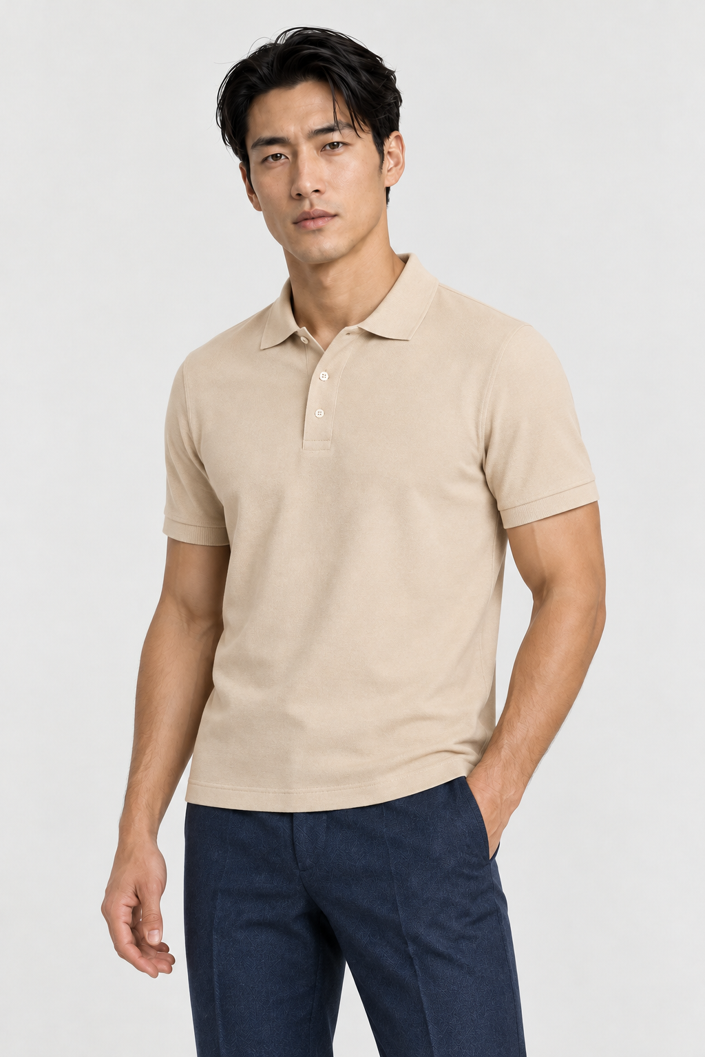 The Essential Polo — Sand, studio three-quarter view