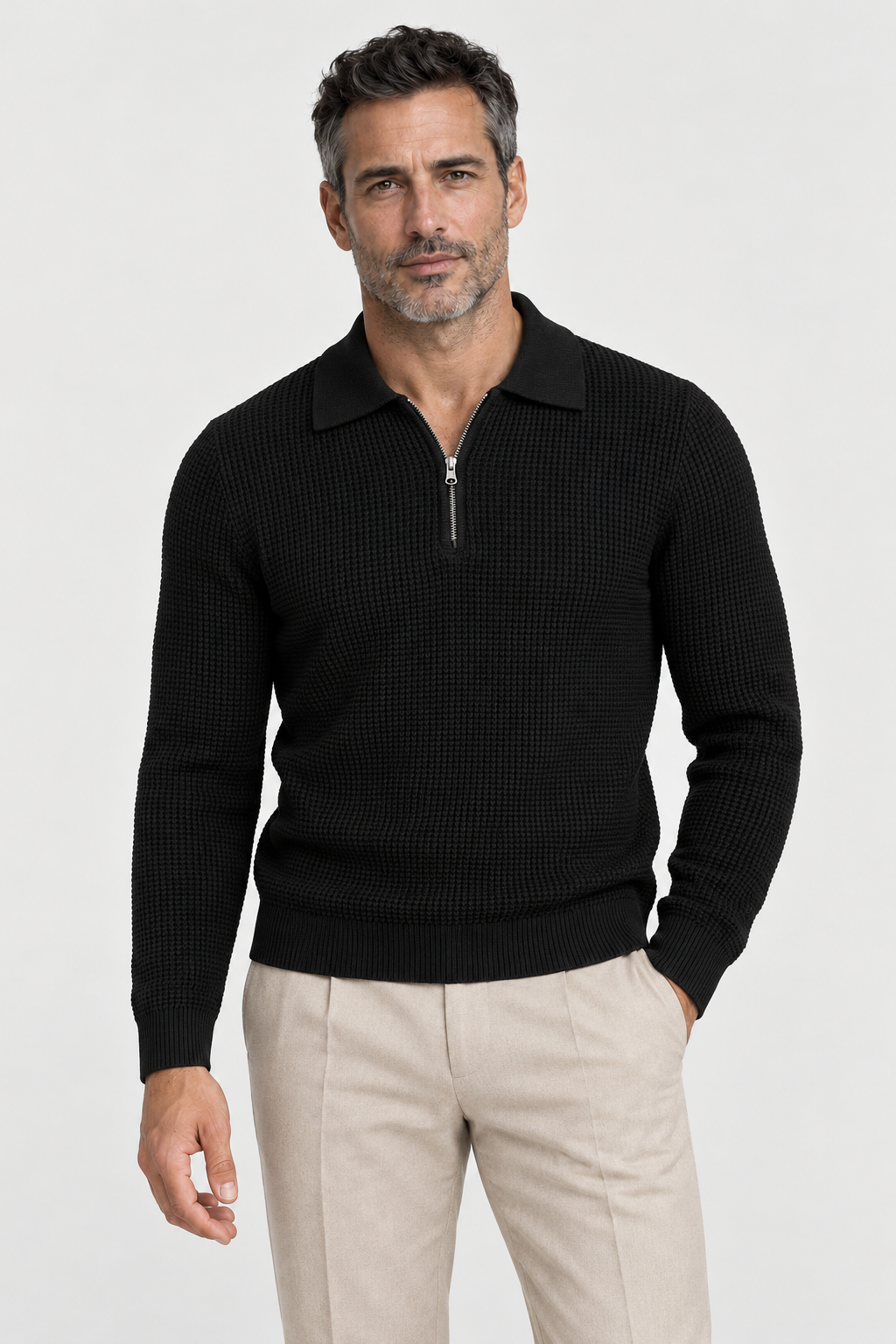 The Zip-Collar Knit — Black, studio front view