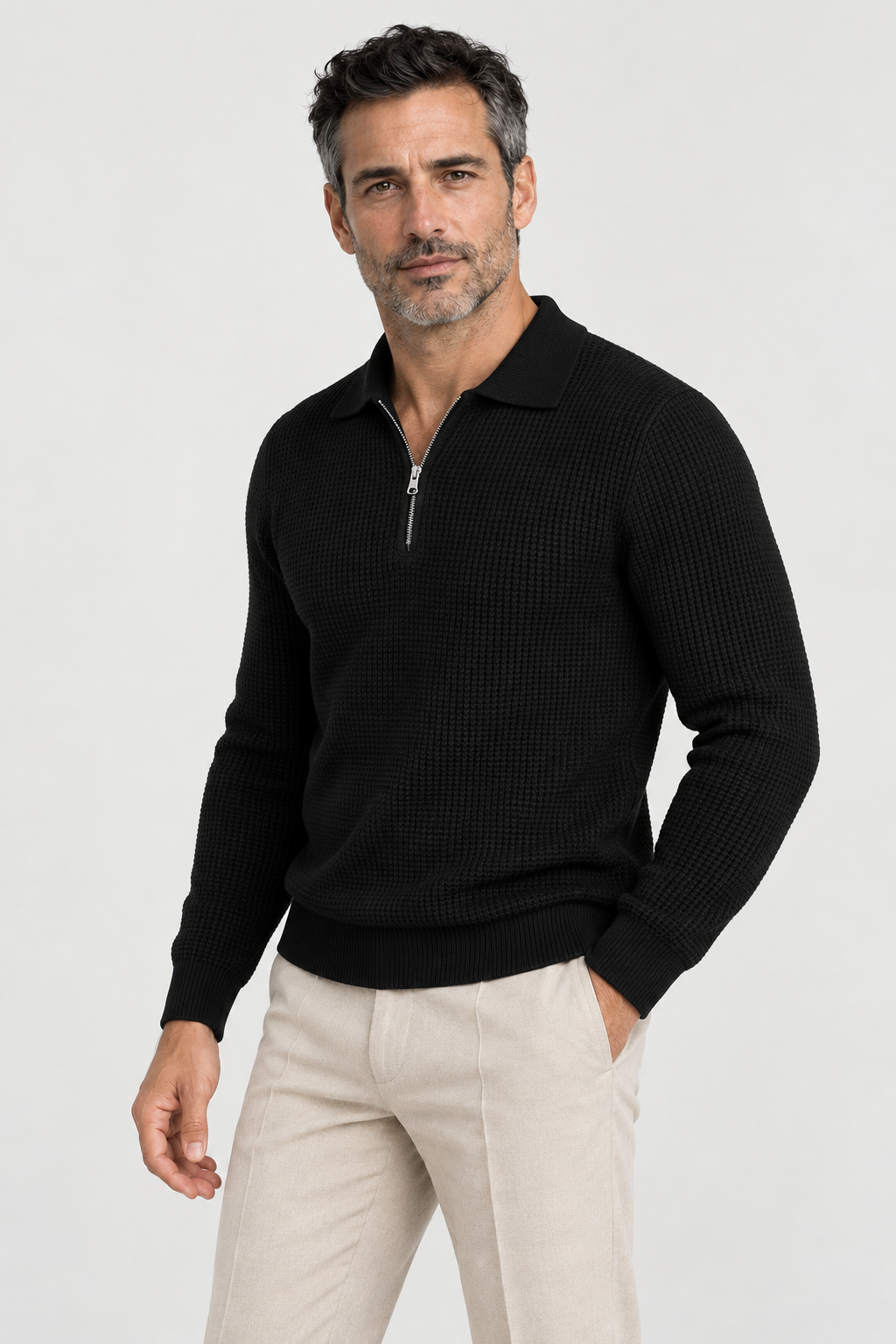 The Zip-Collar Knit — Black, studio three-quarter view