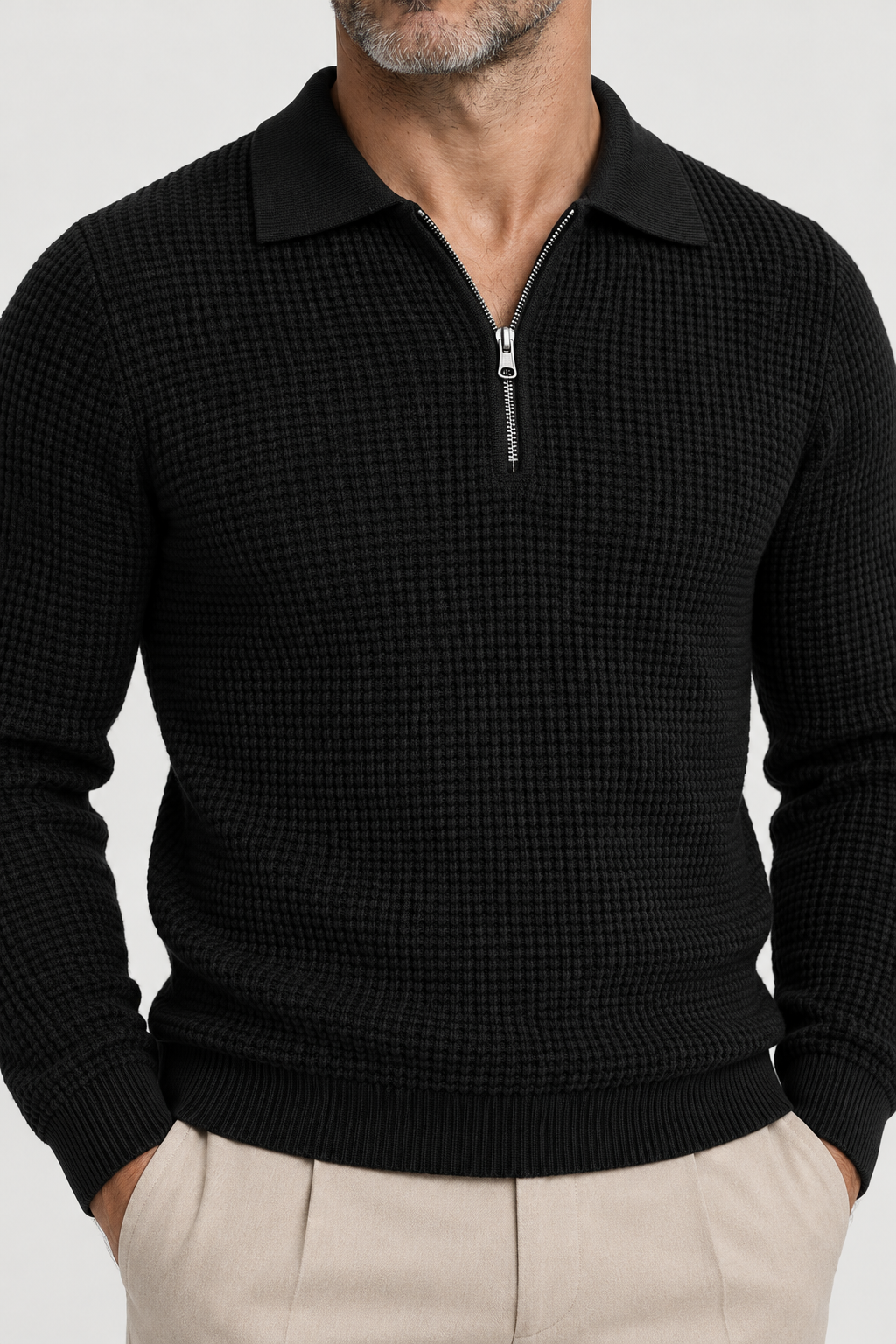 The Zip-Collar Knit — Black, studio fabric and collar detail