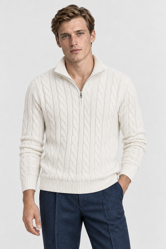 The Cable Quarter-Zip — Ivory, studio front view