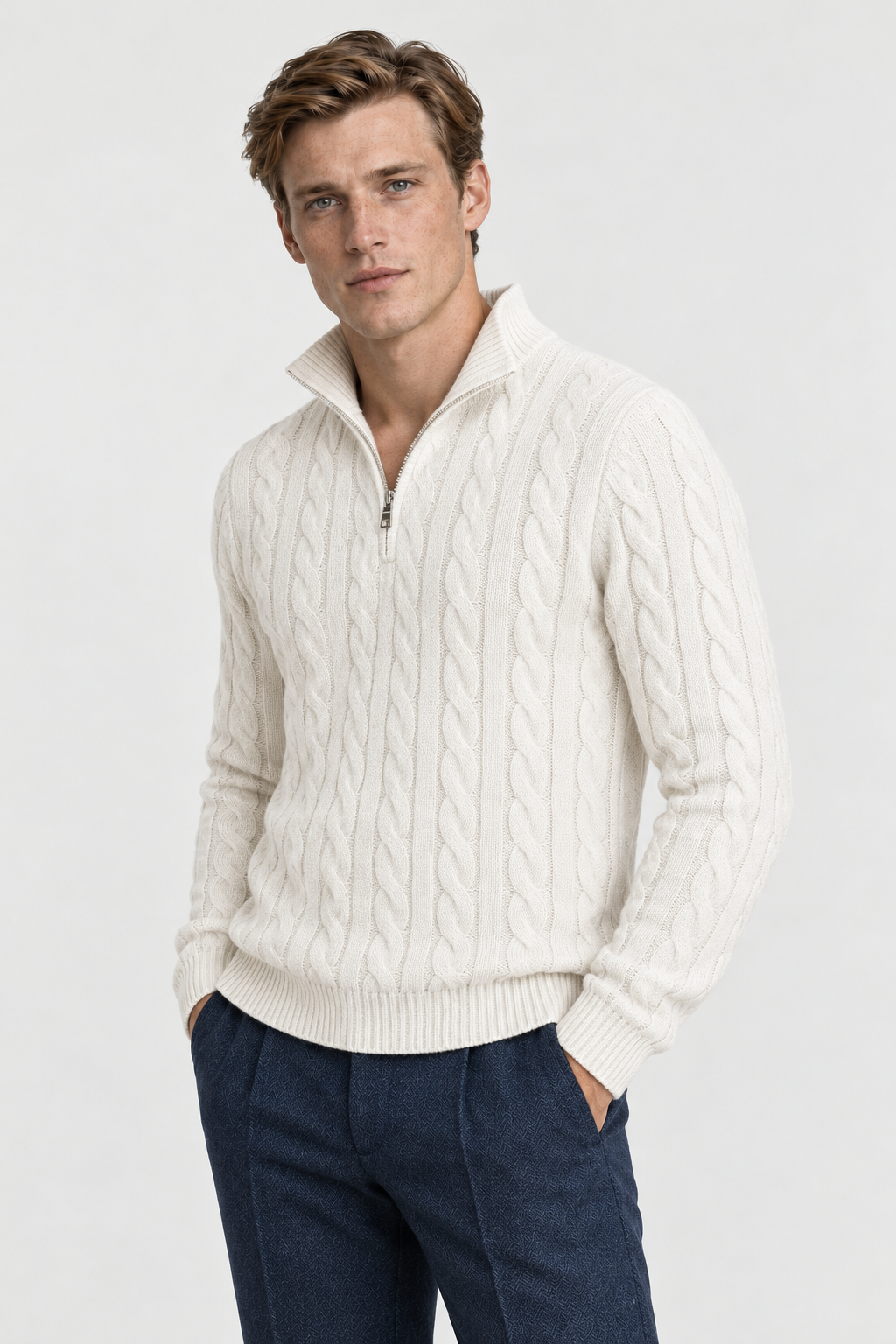 The Cable Quarter-Zip — Ivory, studio three-quarter view