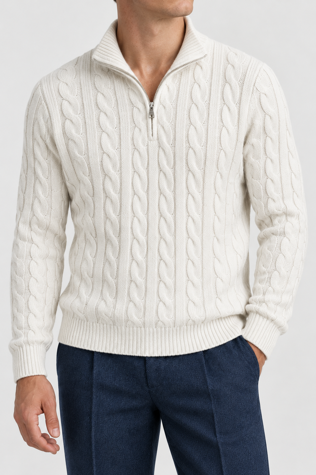 The Cable Quarter-Zip — Ivory, studio fabric and collar detail