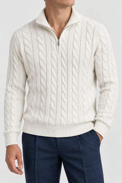 The Cable Quarter-Zip — Ivory, studio fabric and collar detail