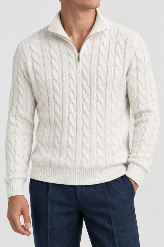 The Cable Quarter-Zip — Ivory, studio fabric and collar detail