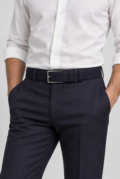 The Suede Belt — Navy — product close-up