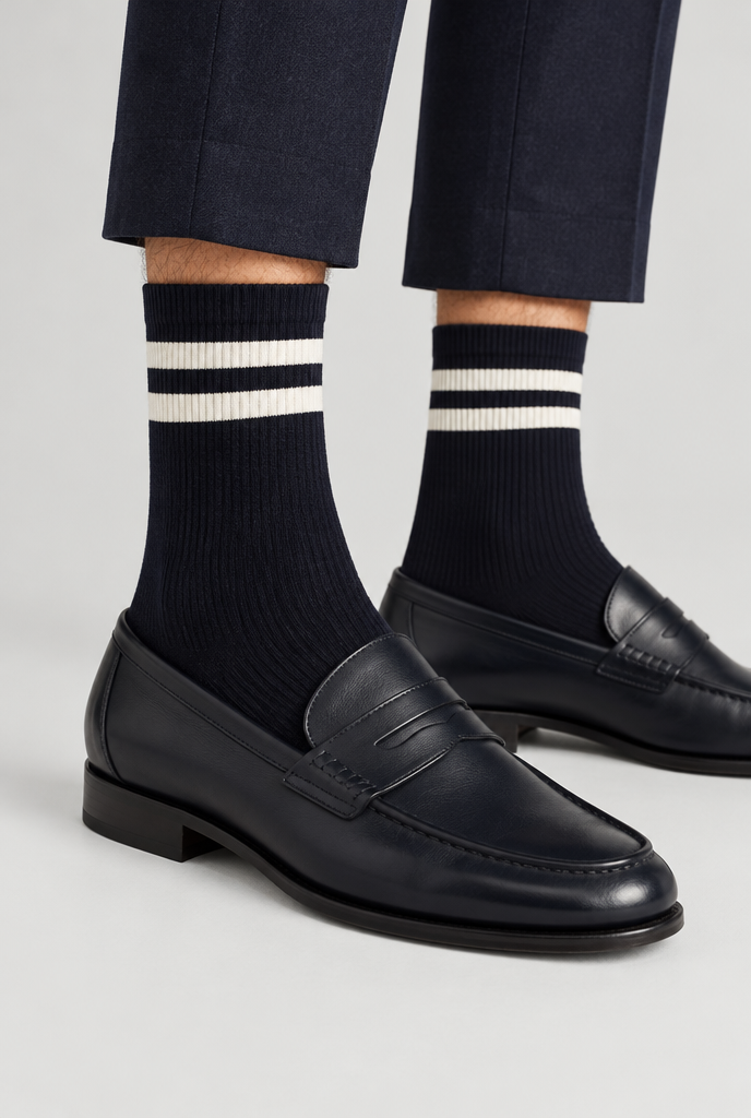 The Stripe Socks — Navy & Ecru — product close-up