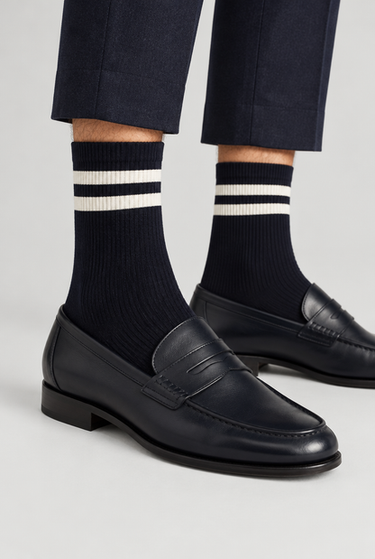 The Stripe Socks — Navy & Ecru — product close-up
