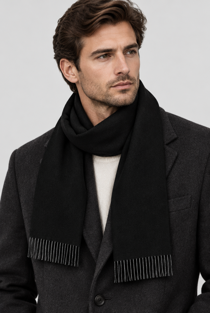 The Fringed Scarf — Black — product close-up