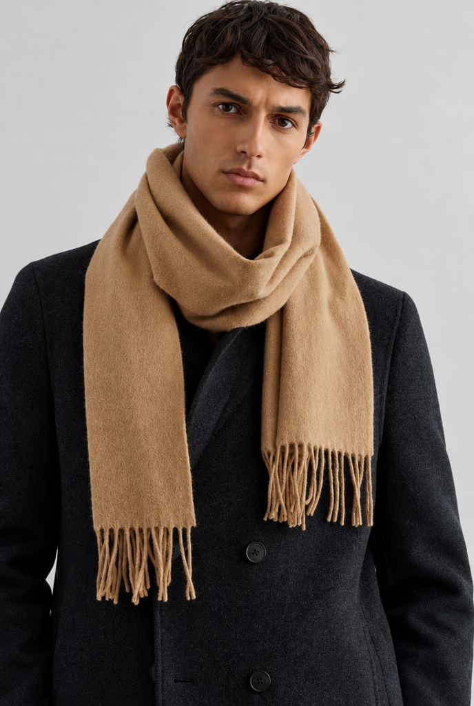 The Fringed Scarf — Camel — product close-up