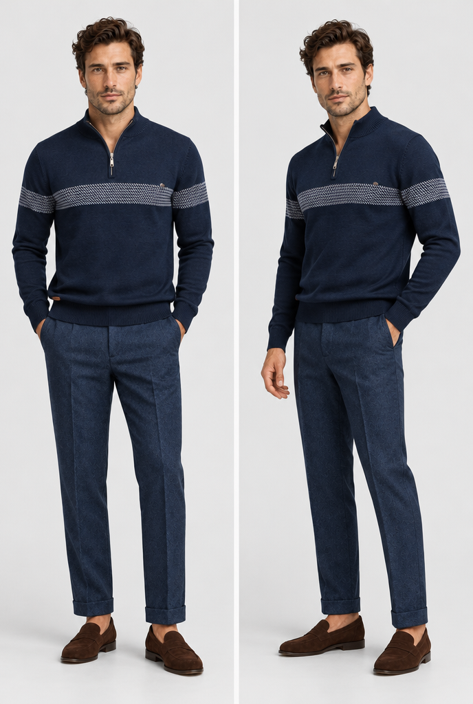 The Durham Heritage Stripe Sweater — alternate studio view