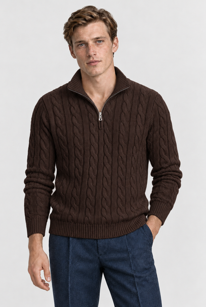 The Cable Quarter-Zip — Chocolate Brown, studio front view