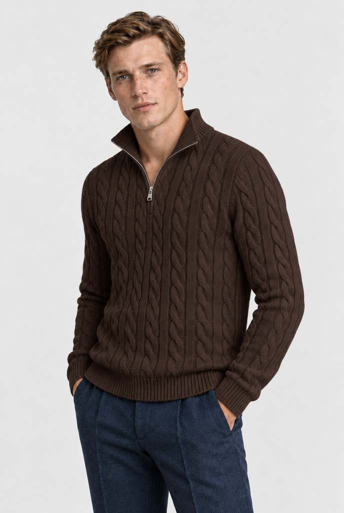 The Cable Quarter-Zip — Chocolate Brown, studio three-quarter view