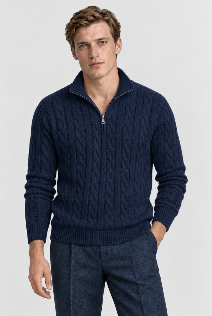 The Cable Quarter-Zip — Navy, studio front view