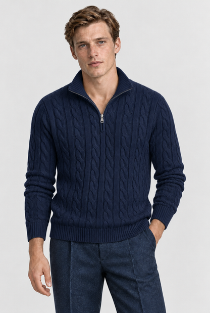 The Cable Quarter-Zip — Navy, studio front view