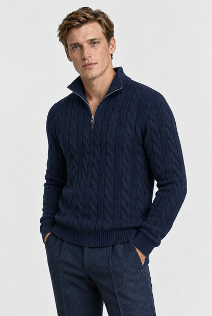 The Cable Quarter-Zip — Navy, studio three-quarter view