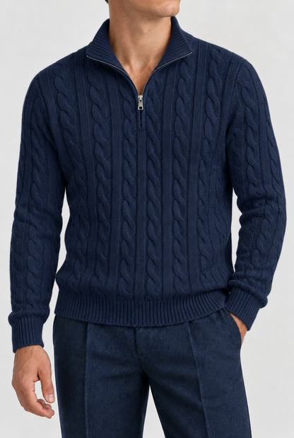 The Cable Quarter-Zip — Navy, studio knit and collar detail