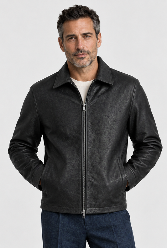 The Collared Leather Jacket — Black — detail