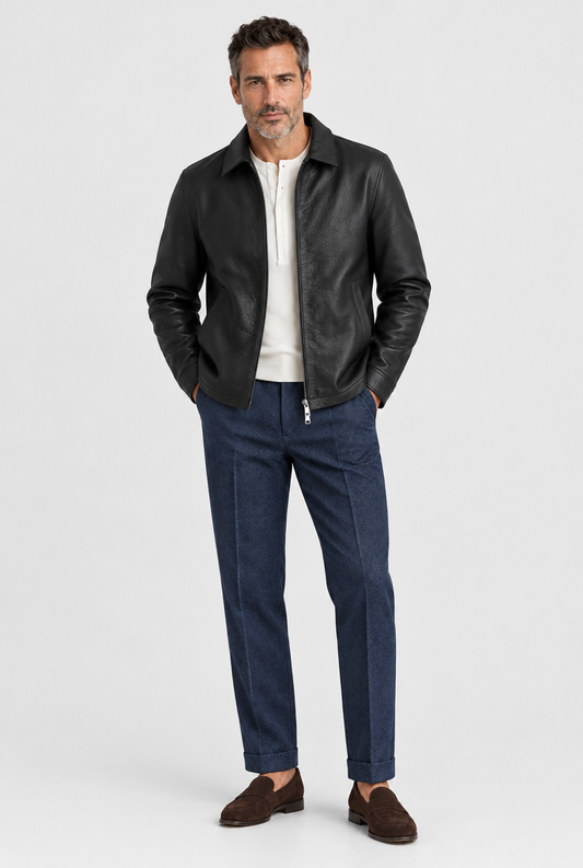 The Collared Leather Jacket — Black — full look