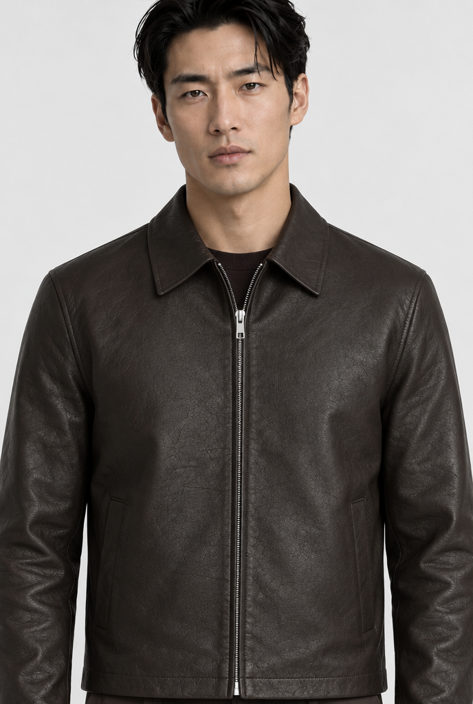 The Collared Leather Jacket — Chocolate — detail