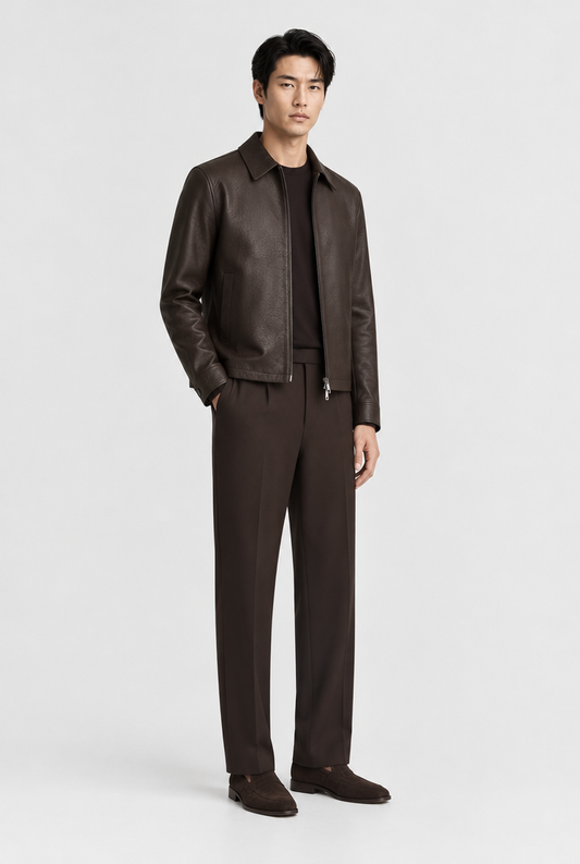 The Collared Leather Jacket — Chocolate — full look